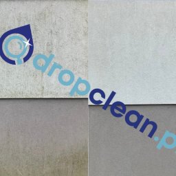 DropClean Tomasz Romanowski - Efekt przed i po czyszczenia elewacji, z widocznym logo firmy. Lewa strona brudna, prawa czysta. Podział poziomy na dwie części, z różnicą w odcieniach szarości.
