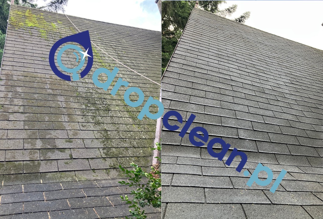Zdjęcie dachu przed i po czyszczeniu, z widoczną różnicą w czystości i usunięciu mchu. Dach pokryty szarą dachówką bitumiczną, z logo firmy nałożonym na obraz.