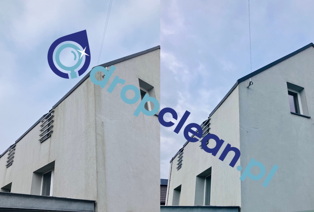 Zdjęcie elewacji budynku podzielone na dwie części: lewa strona brudna, prawa po umyciu. Widoczne okna i metalowe elementy dekoracyjne. Pochmurne niebo w tle.