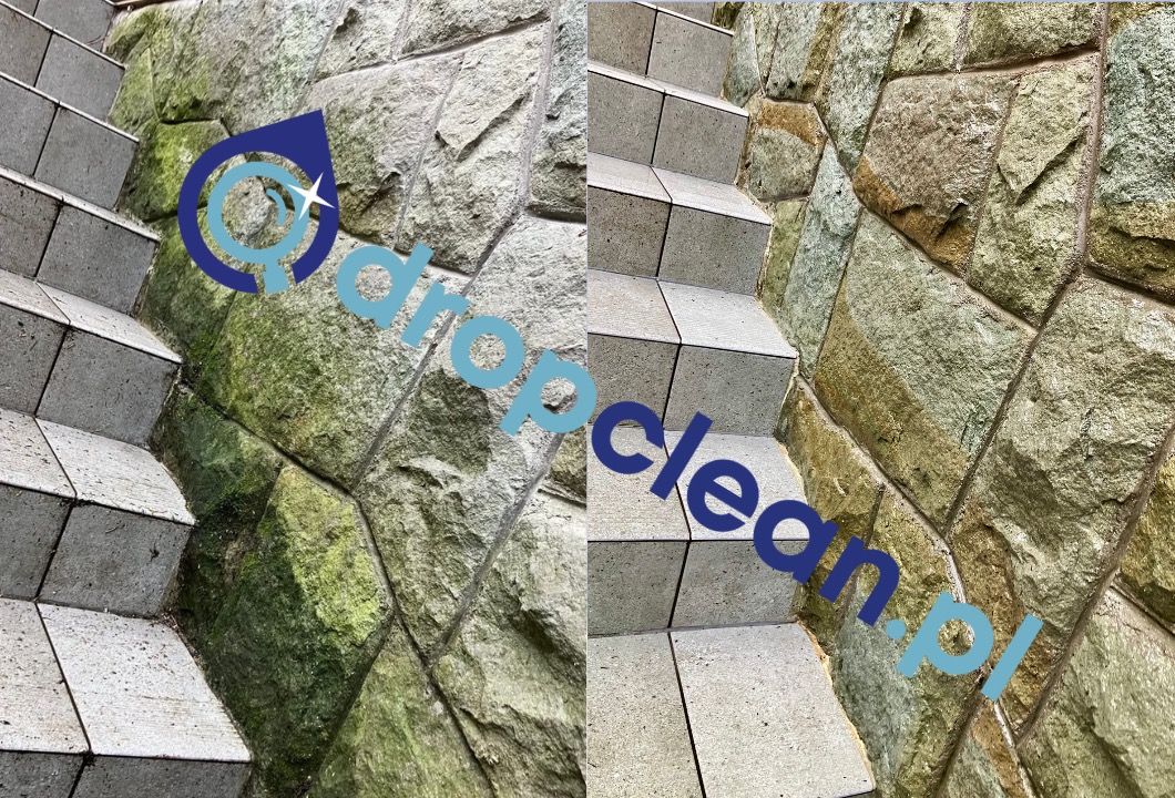 Zdjęcie 'przed i po' czyszczenia kamiennych schodów i muru, z widocznym efektem usunięcia mchu i zabrudzeń. Na zdjęciu widoczne logo firmy dropclean.pl.