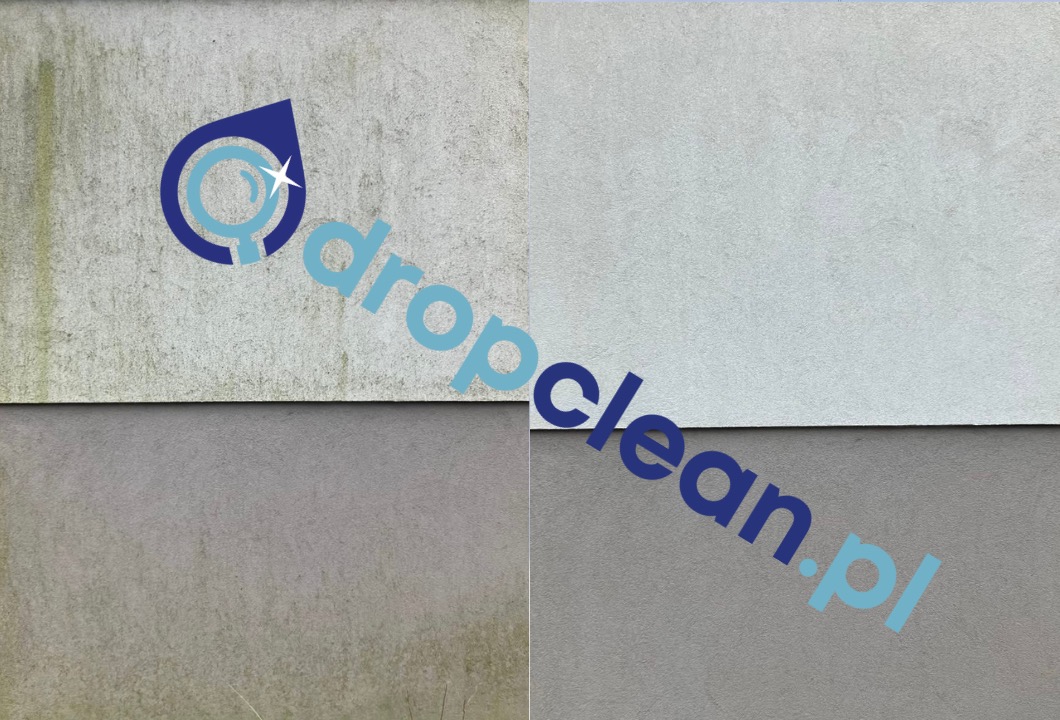 Efekt przed i po czyszczenia elewacji, z widocznym logo firmy. Lewa strona brudna, prawa czysta. Podział poziomy na dwie części, z różnicą w odcieniach szarości.