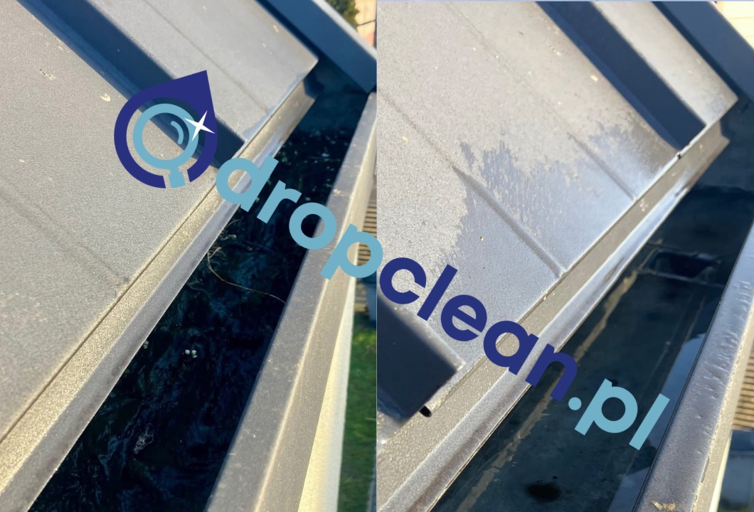 Porównanie stanu rynny przed i po czyszczeniu, z widocznymi zanieczyszczeniami po lewej i czystą rynną po prawej stronie. Logo firmy naklejone na zdjęciu.