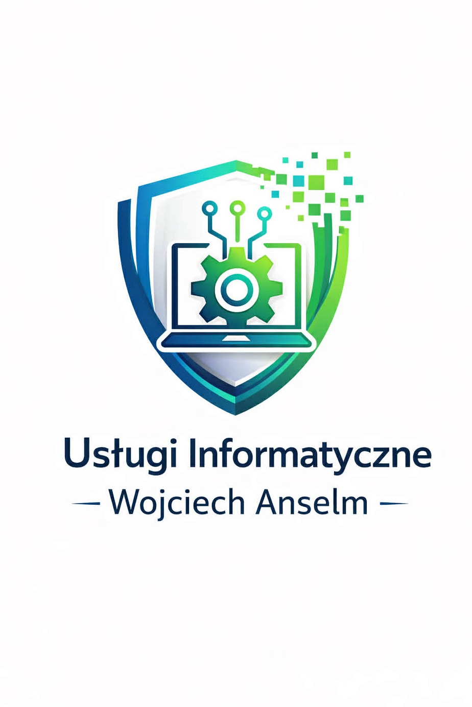 Logo firmy z Czarnówka oferującej usługi informatyczne. Grafika przedstawia laptop z zębatką w tarczy, symbolizujący nowoczesne rozwiązania IT.