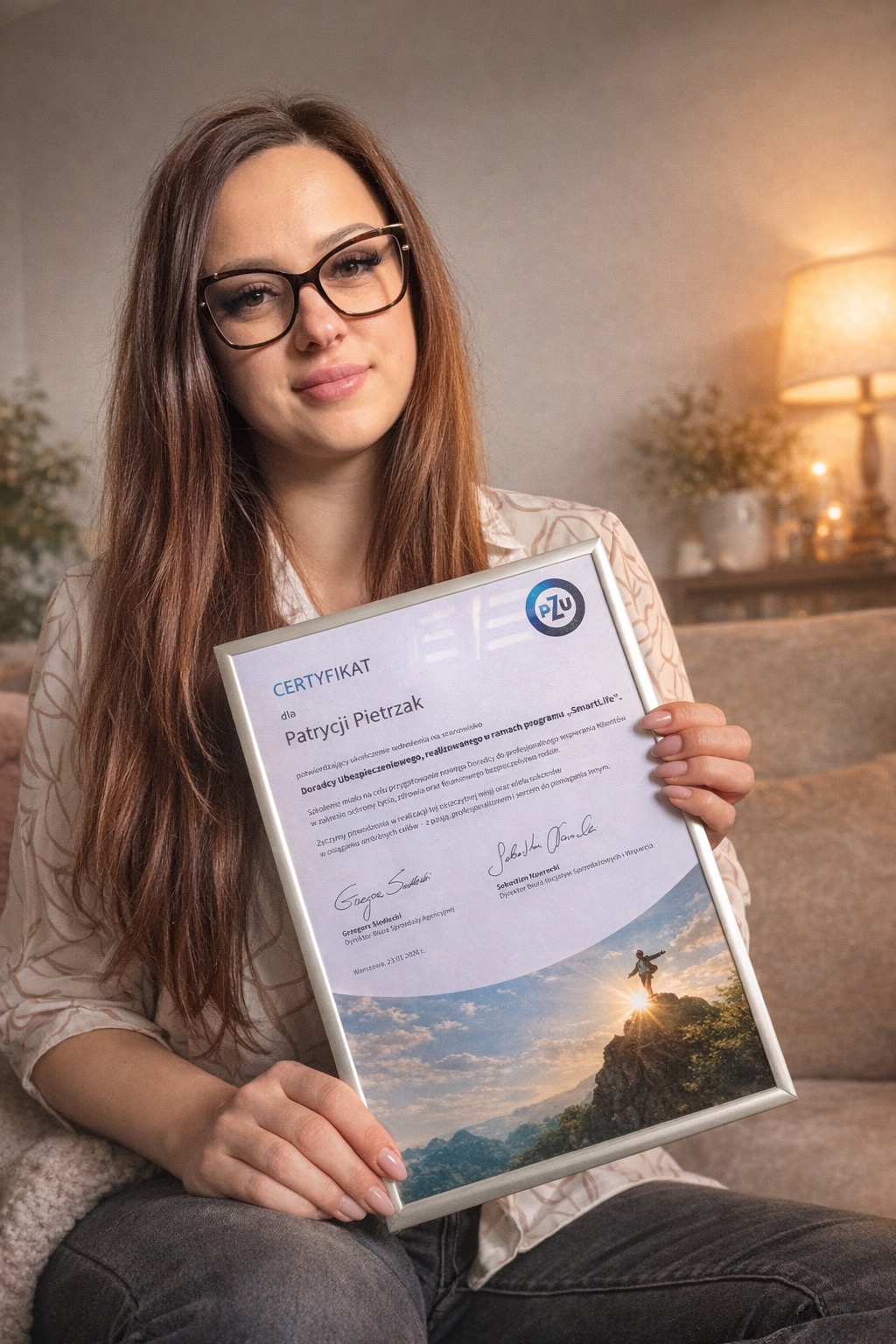 Uśmiechnięta kobieta w okularach prezentuje certyfikat PZU Doradcy Ubezpieczeniowego w ramce, siedząc na kanapie w ciepłym oświetleniu domowym.