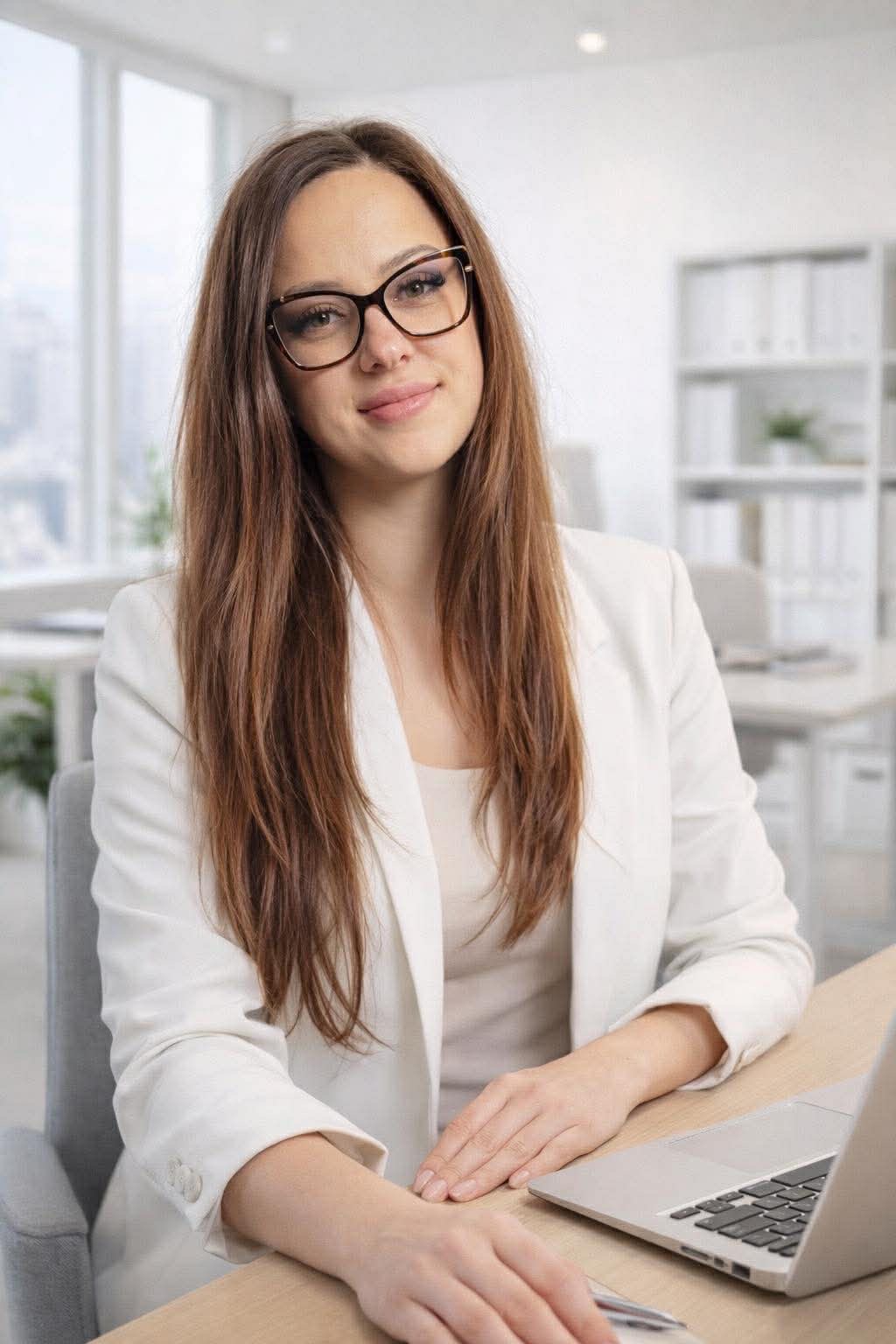 Uśmiechnięta brunetka w okularach i białym żakiecie siedzi przy biurku z laptopem w jasnym biurze. Profesjonalny wizerunek doradcy finansowego.