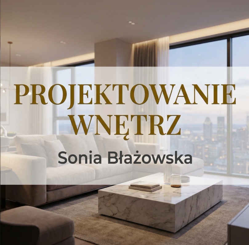 Elegancki salon z sofą, marmurowym stolikiem i widokiem na miasto. Projekt wnętrz Sonia Błażowska. Stonowana kolorystyka, nowoczesny design, duże okno.