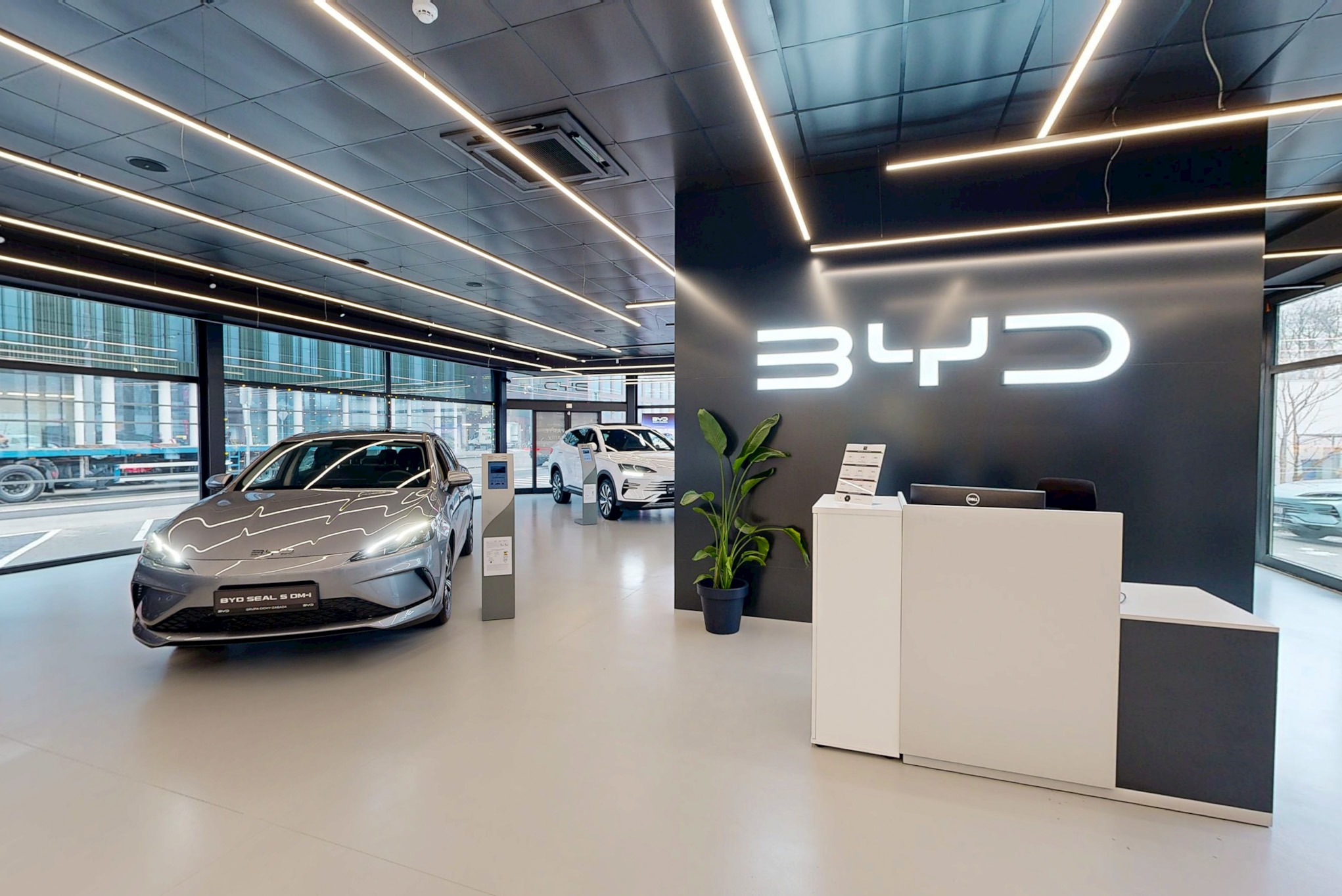 Salon samochodowy BYD: szary model Seal S DM-i na pierwszym planie, biały SUV w tle, recepcja z logo, nowoczesne oświetlenie liniowe.