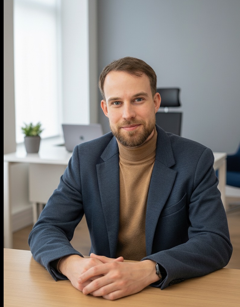 Portret mężczyzny w biurze, ubrany w granatową marynarkę i beżowy golf, siedzącego za biurkiem z laptopem i rośliną w tle. Spokojny wyraz twarzy, dłonie splecione.