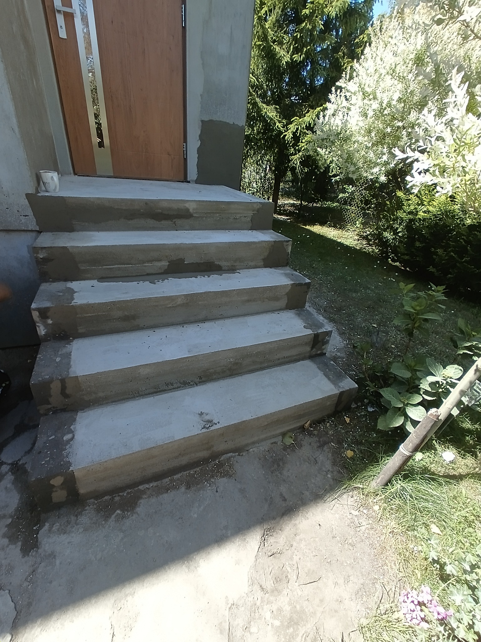 Betonowe schody wejściowe do domu, częściowo wykończone, z widoczną fakturą betonu i elementami otoczenia, takimi jak roślinność i fragment drzwi.
