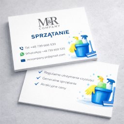 MR Company Mansur Beksultanov - Wizytówka firmy sprzątającej z logo M&R Company, numerem telefonu, adresem e-mail oraz hasłami: regularne utrzymanie czystości, generalne sprzątanie i atrakcyjne ceny.
