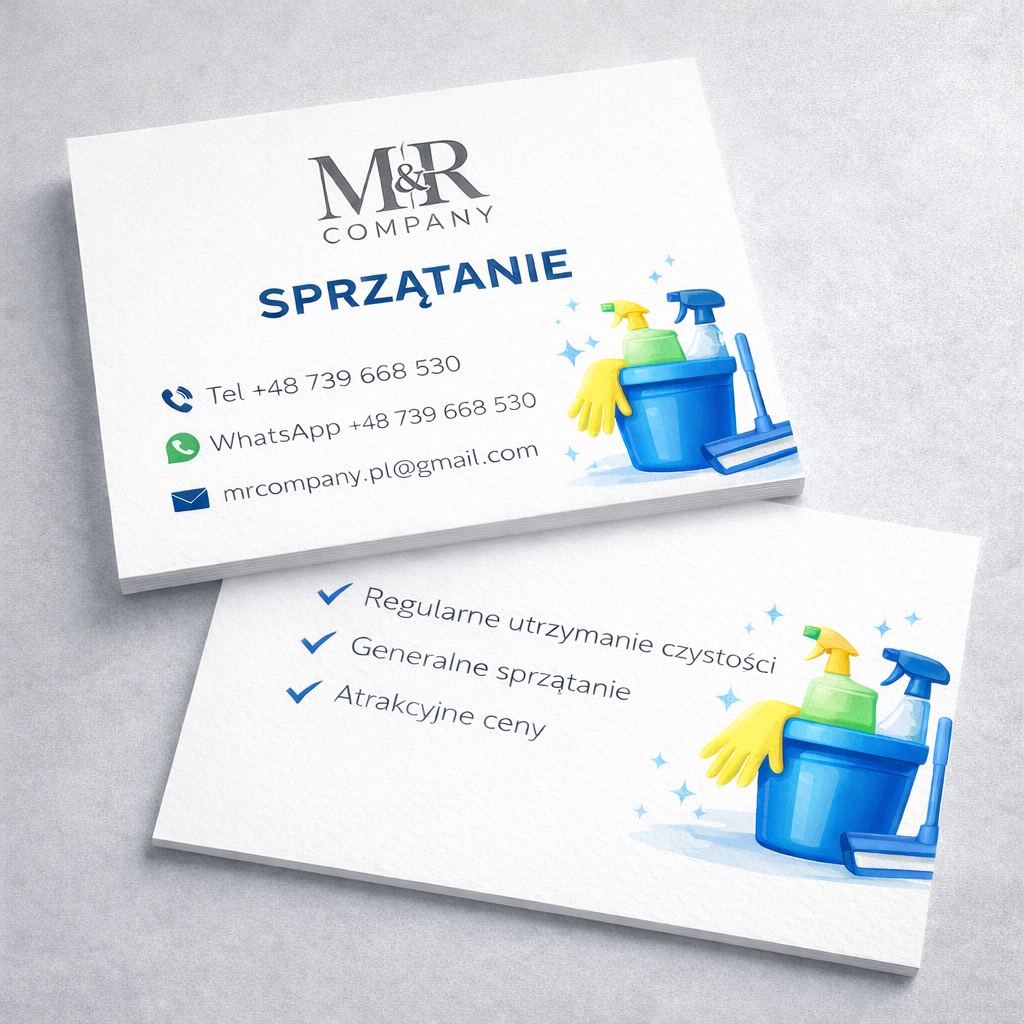 Wizytówka firmy sprzątającej z logo M&R Company, numerem telefonu, adresem e-mail oraz hasłami: regularne utrzymanie czystości, generalne sprzątanie i atrakcyjne ceny.