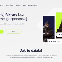 ODYSSE.IO PROSTA SPÓŁKA AKCYJNA - Strona internetowa Bizky z hasłem 'Wystawiaj faktury bez działalności gospodarczej'. Widoczne sekcje: Freelance, Prime, statystyki zadowolonych użytkowników i wystawionych faktur.