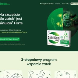 ODYSSE.IO PROSTA SPÓŁKA AKCYJNA - Strona internetowa Sinulan Forte: nowoczesny design, czytelna komunikacja, wygoda użytkownika. Zielona kolorystyka, grafika zatok, opakowanie leku. Responsywność.