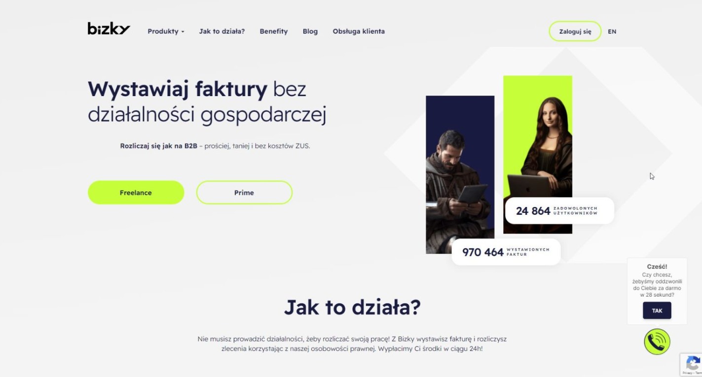 Strona internetowa Bizky z hasłem 'Wystawiaj faktury bez działalności gospodarczej'. Widoczne sekcje: Freelance, Prime, statystyki zadowolonych użytkowników i wystawionych faktur.
