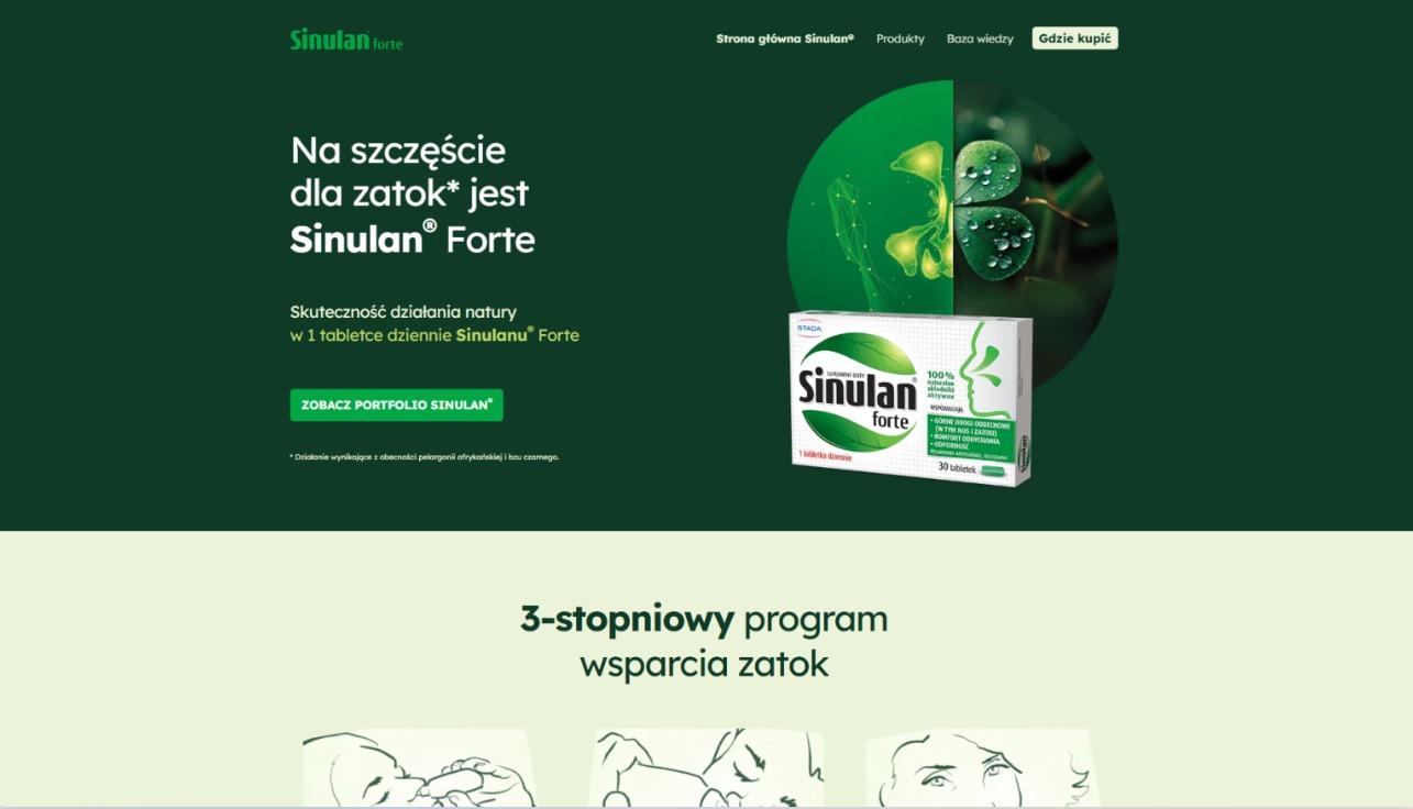 Strona internetowa Sinulan Forte: nowoczesny design, czytelna komunikacja, wygoda użytkownika. Zielona kolorystyka, grafika zatok, opakowanie leku. Responsywność.