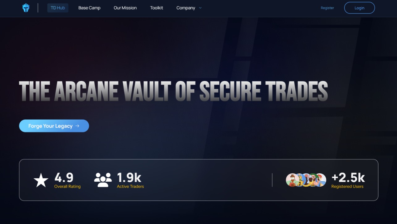 Strona internetowa platformy tradingowej Trade Dungeon z ciemnym tłem, napisem 'The Arcane Vault of Secure Trades' i statystykami użytkowników.