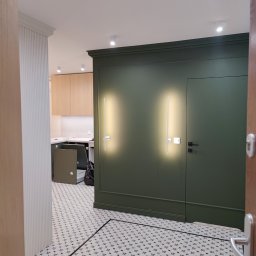 Kamil Skibicki - Nowoczesne wnętrze: oliwkowa ściana z listwami, geometryczna podłoga, minimalistyczne oświetlenie. Widok zza drzwi, częściowo widoczna kuchnia w tle.