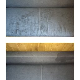 DelPro Clean - Zdjęcie przedstawia fragment sofy z widocznymi plamami przed i po czyszczeniu. Górna część pokazuje zabrudzenia, a dolna - efekt po usunięciu plam. Tło stanowi drewniana ściana.