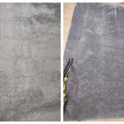 DelPro Clean - Dywan shaggy w odcieniach szarości, podzielony na dwie części: przed i po czyszczeniu, z widocznym fragmentem odkurzacza piorącego. Widoczna różnica w wyglądzie włókien.