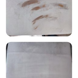 DelPro Clean - Zdjęcie 'przed i po' prania jasnej kanapy. Na górze widoczne plamy, na dole czysta powierzchnia. Ujęcie z góry, ukazujące różnicę w wyglądzie tapicerki.