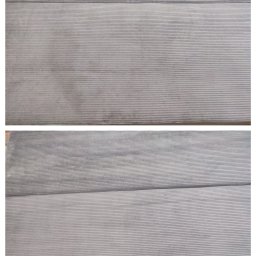 DelPro Clean - Dywan w odcieniach szarości, prezentujący efekt prania: górna część z widocznymi plamami, dolna po czyszczeniu, ukazująca odświeżoną strukturę i jednolity kolor.