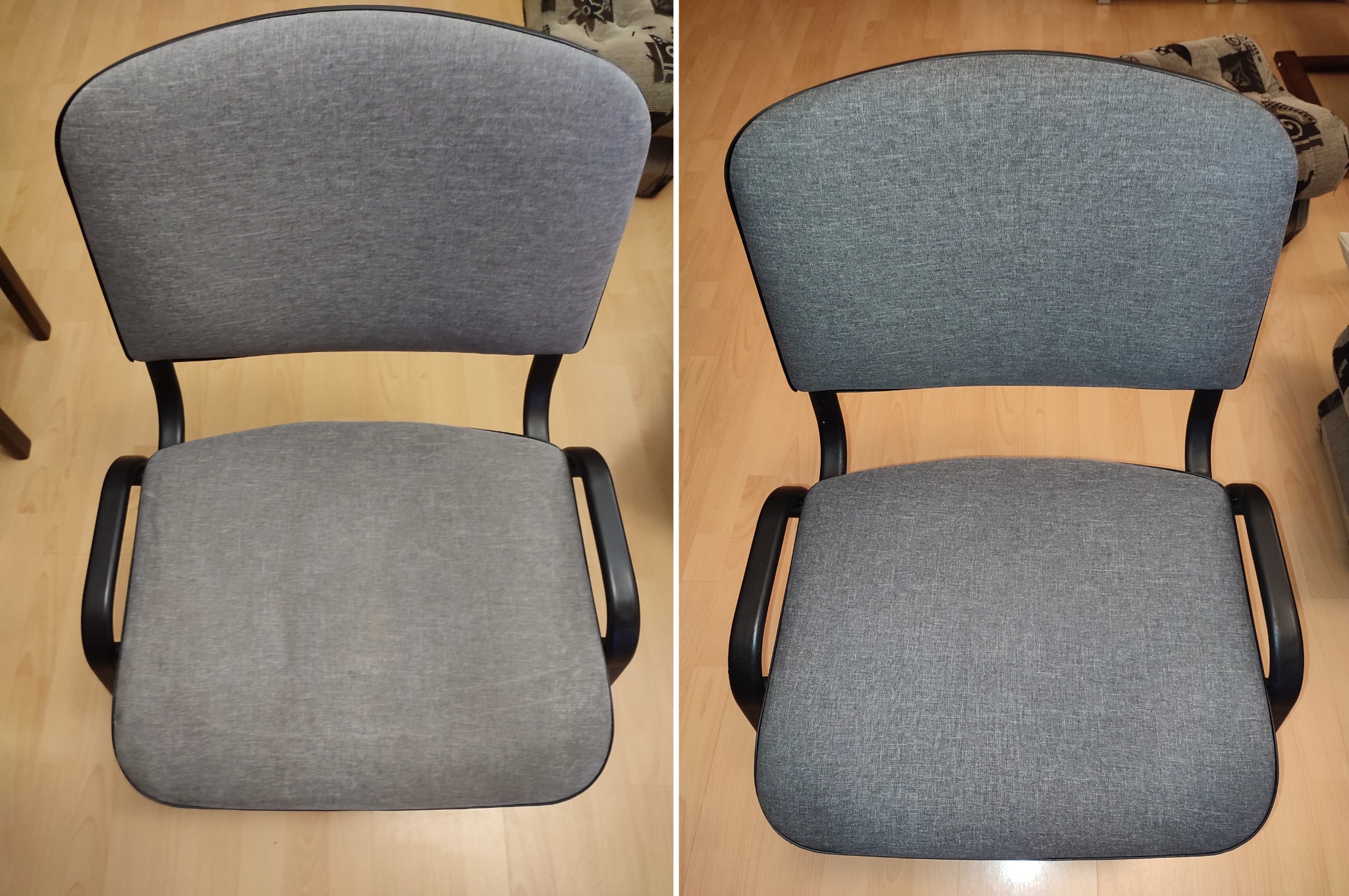 Kadr z góry na szare krzesło biurowe z czarnymi podłokietnikami, podzielone na pół: po lewej stronie widoczny brud, po prawej - po czyszczeniu, na jasnej podłodze.