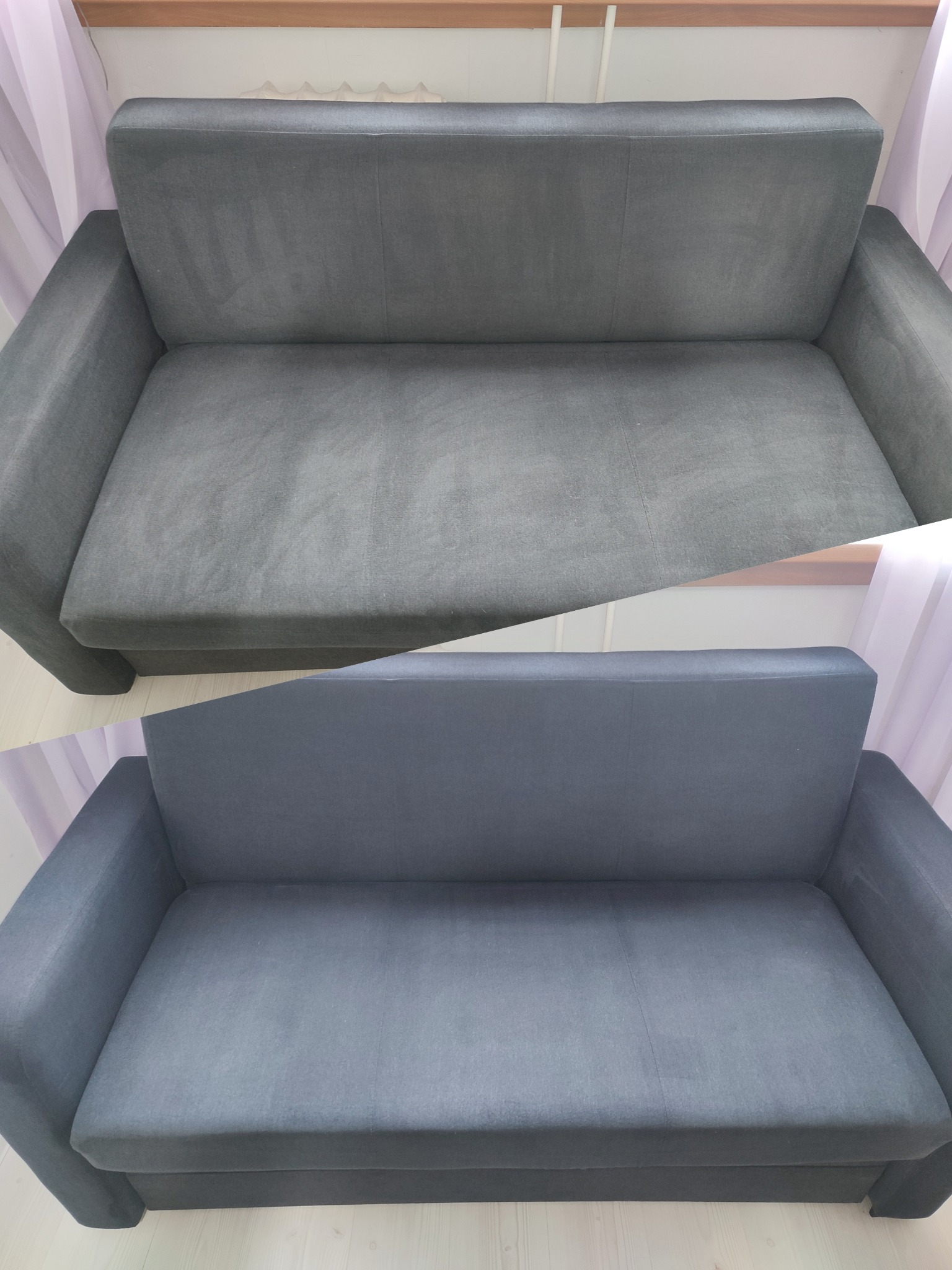 Szara kanapa tapicerowana w układzie 'przed i po' czyszczeniu. Górna część pokazuje zabrudzenia, dolna - efekt po praniu, z widoczną różnicą w odcieniu i czystości.