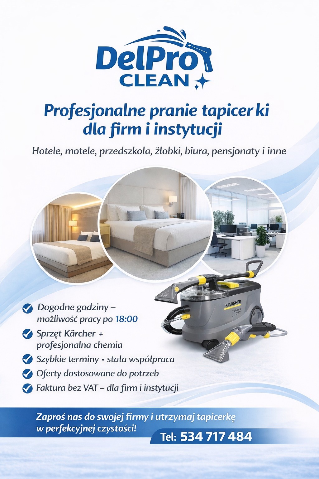 Profesjonalne pranie tapicerki dla firm i instytucji. Na grafice łóżko hotelowe, biuro i urządzenie Kärcher do czyszczenia tapicerki. Tel: 534 717 484