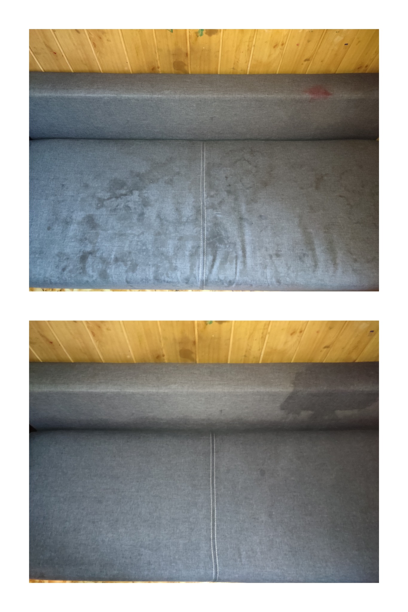 Zdjęcie przedstawia fragment sofy z widocznymi plamami przed i po czyszczeniu. Górna część pokazuje zabrudzenia, a dolna - efekt po usunięciu plam. Tło stanowi drewniana ściana.