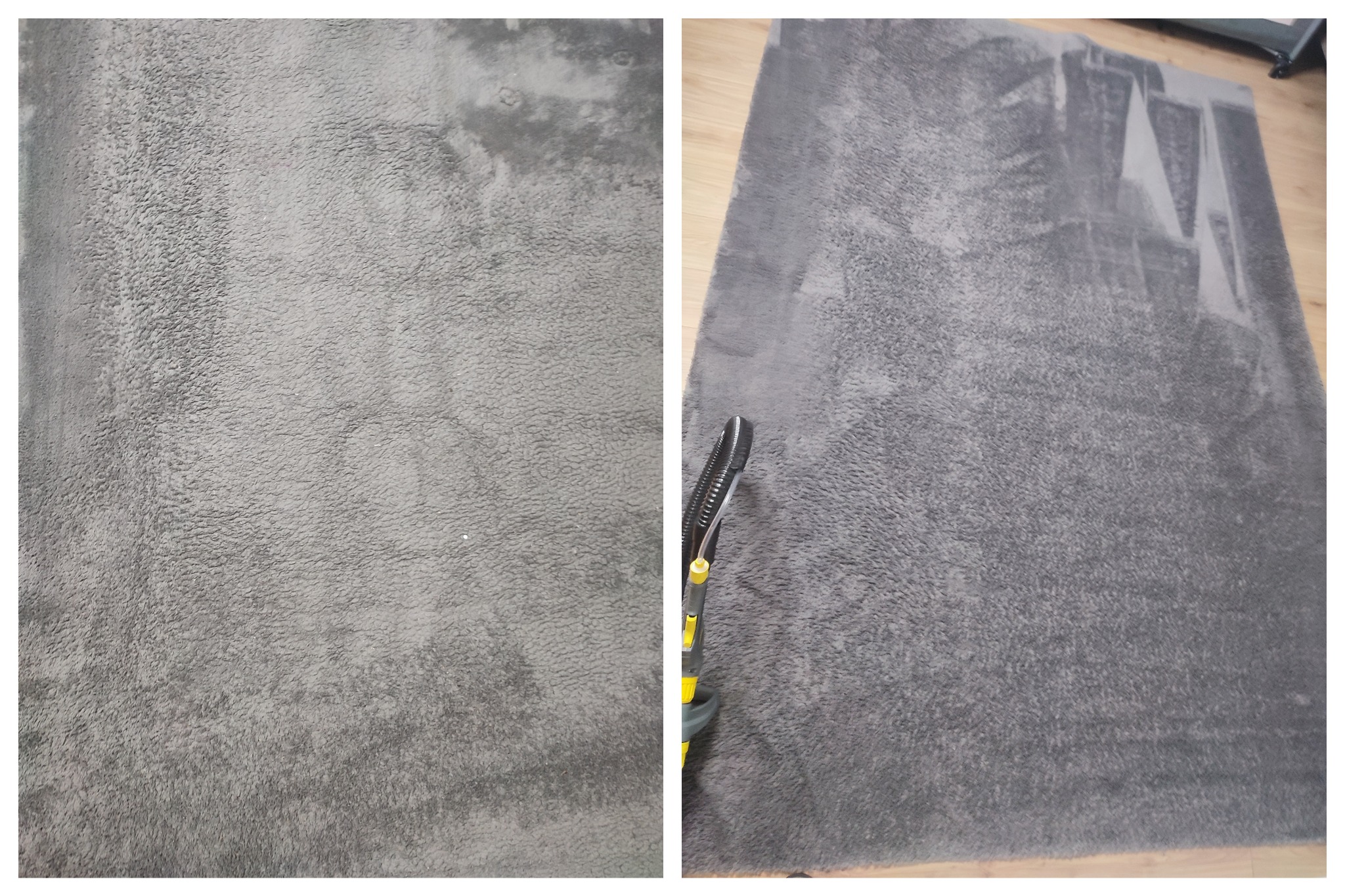 Dywan shaggy w odcieniach szarości, podzielony na dwie części: przed i po czyszczeniu, z widocznym fragmentem odkurzacza piorącego. Widoczna różnica w wyglądzie włókien.