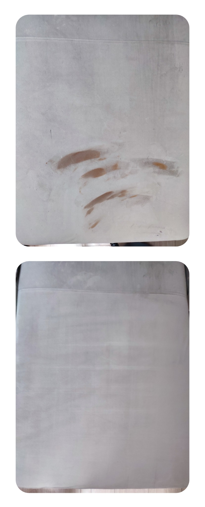 Zdjęcie 'przed i po' prania jasnej kanapy. Na górze widoczne plamy, na dole czysta powierzchnia. Ujęcie z góry, ukazujące różnicę w wyglądzie tapicerki.