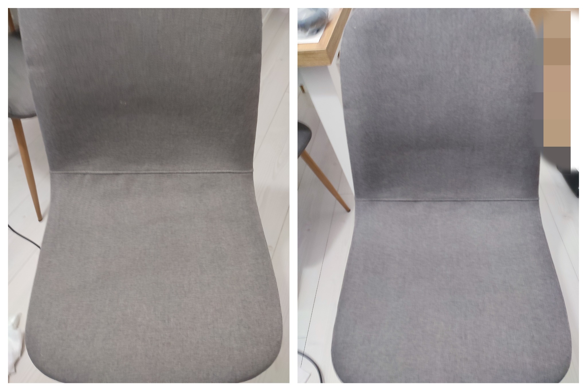 Krzesło tapicerowane przed i po czyszczeniu. Po lewej widoczna plama, po prawej krzesło po praniu, bez plam. Jasne drewniane nogi, szara tapicerka.