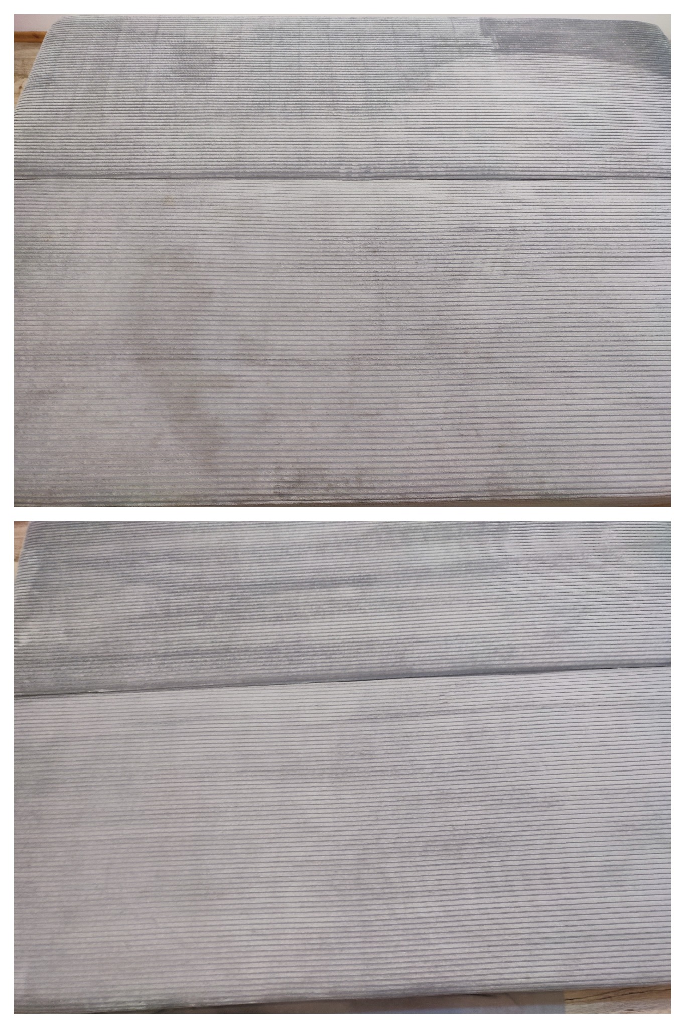 Dywan w odcieniach szarości, prezentujący efekt prania: górna część z widocznymi plamami, dolna po czyszczeniu, ukazująca odświeżoną strukturę i jednolity kolor.