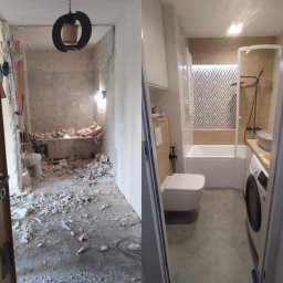 Wnętrza z pasją - Zdjęcie 'przed i po' prezentujące metamorfozę łazienki: od stanu surowego z gruzem po nowoczesne wnętrze z kabiną prysznicową, umywalką i pralką. Kontrastowe oświetlenie.