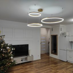 Wnętrza z pasją - Nowoczesne wnętrze mieszkania z choinką, oświetleniem LED i minimalistyczną kuchnią w bieli. Parkiet w ciepłym odcieniu drewna. Ściany zdobią subtelne panele dekoracyjne.