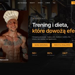 STARCZYNSKI - Landing page z uśmiechniętym trenerem w czapce kucharskiej na tle siłowni, promujący program treningowo-dietetyczny. Ciemna kolorystyka, widoczne hasła i przyciski CTA.