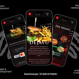 STARCZYNSKI - Projekt strony mobilnej restauracji DejaVu: burger, frytki, menu w trzech językach (DE, AR, TR). Nowa realizacja z nowoczesnym designem i arabską kuchnią.