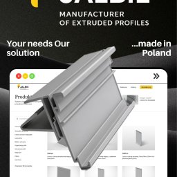 STARCZYNSKI - Ekran smartfona prezentujący stronę internetową producenta profili aluminiowych Jalbie, z bliska widoczny profil. Napis: Manufacturer of Extruded Profiles.
