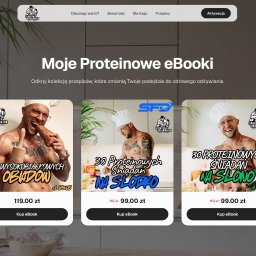 STARCZYNSKI - Strona internetowa z ofertą e-booków proteinowych przepisów, prezentująca trzy różne okładki z wizerunkami wysportowanych mężczyzn w czapkach kucharskich.