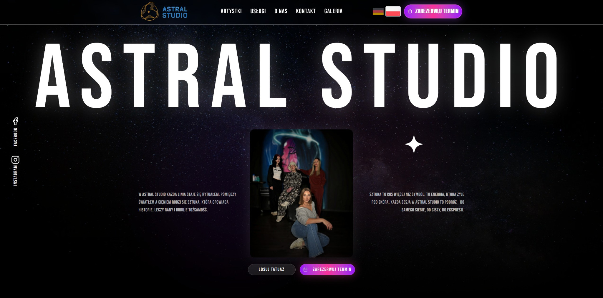 Strona internetowa studia tatuażu Astral Studio z systemem rezerwacji. Ciemne tło z motywem kosmosu, duże białe logo i zdjęcia artystów. Przycisk rezerwacji terminu.