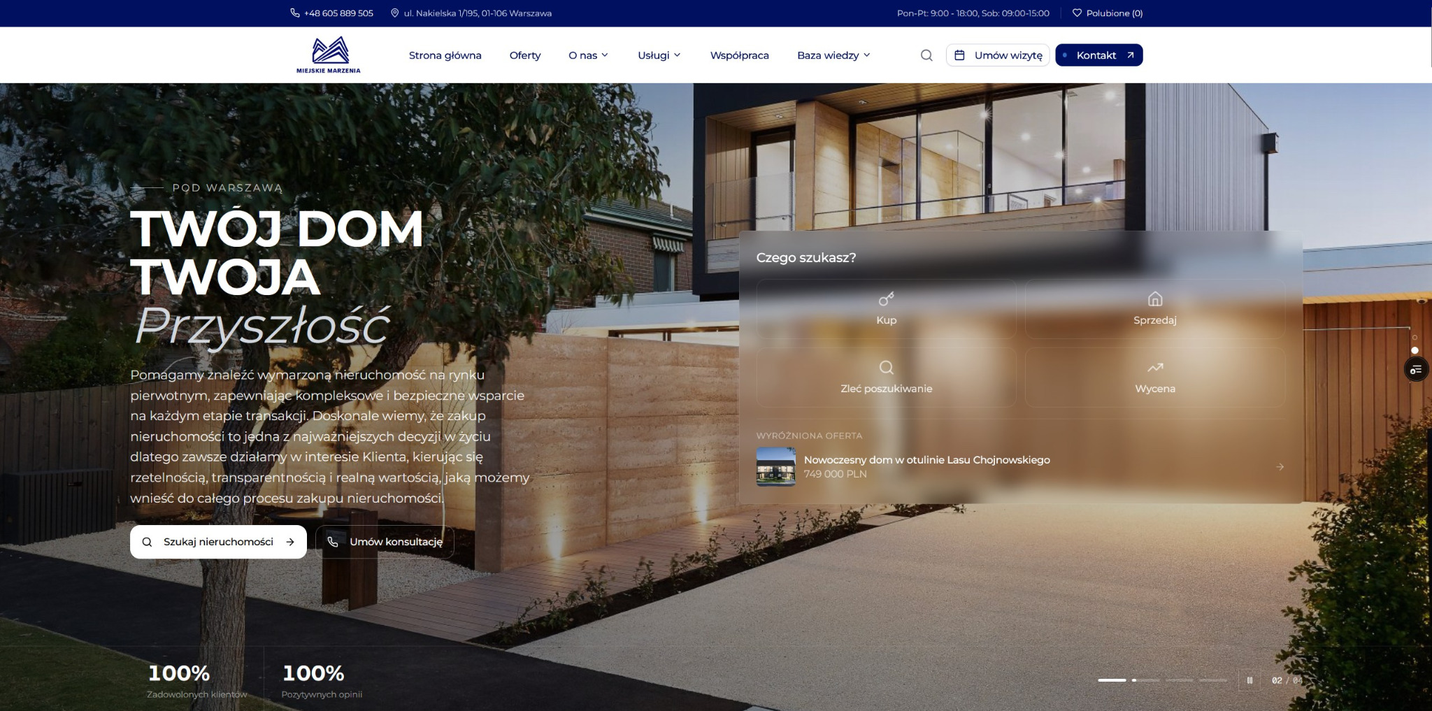 Responsywna strona www biura nieruchomości z Warszawy. Nowoczesny design z intuicyjną strukturą, ułatwiającą przeglądanie ofert i kontakt z agentem. Przejrzysta prezentacja.