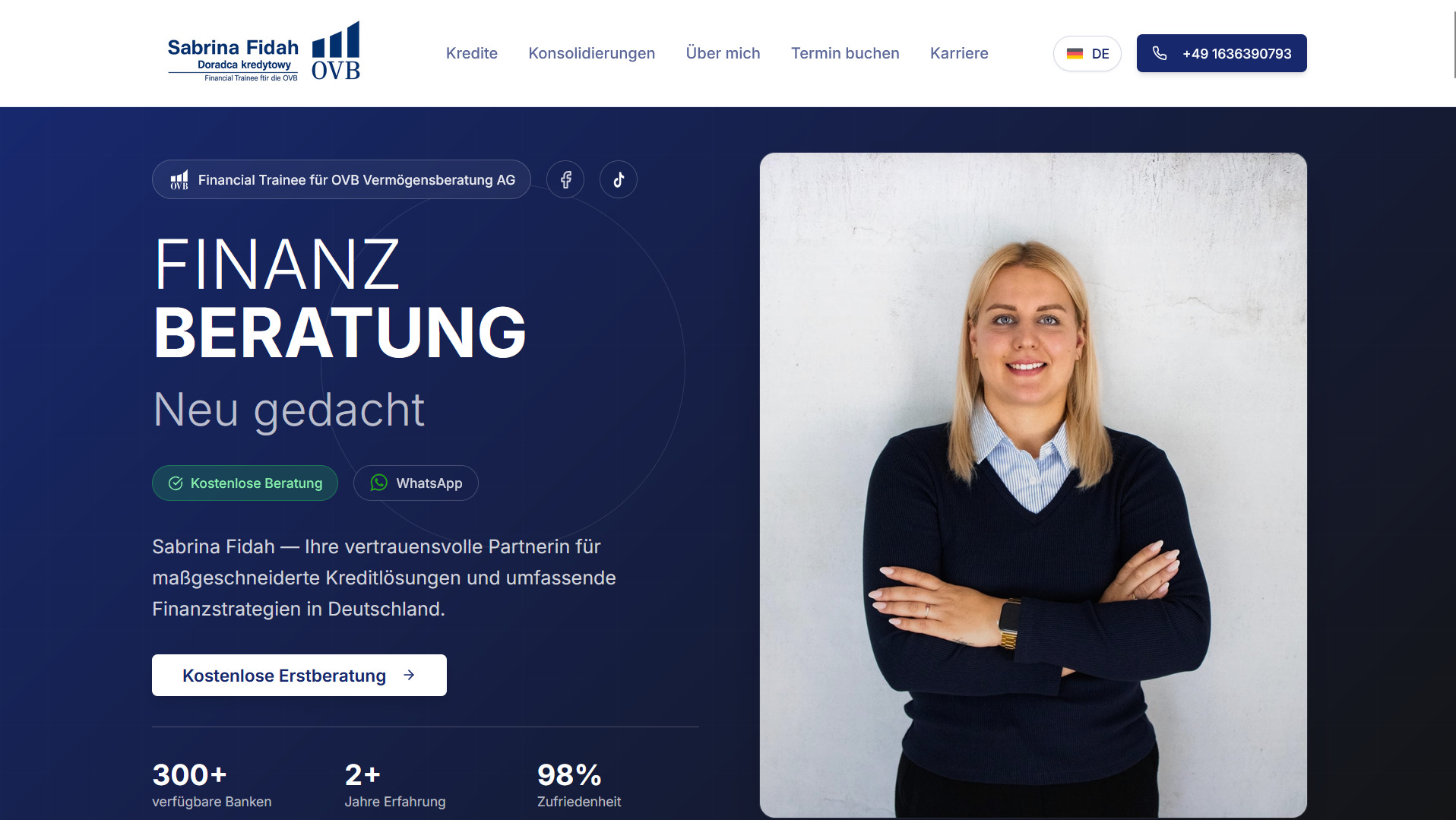 Strona internetowa doradcy finansowego OVB z portretem kobiety. Ciemnoniebieskie tło, białe napisy, schludny układ. Oferta doradztwa i umówienie konsultacji.