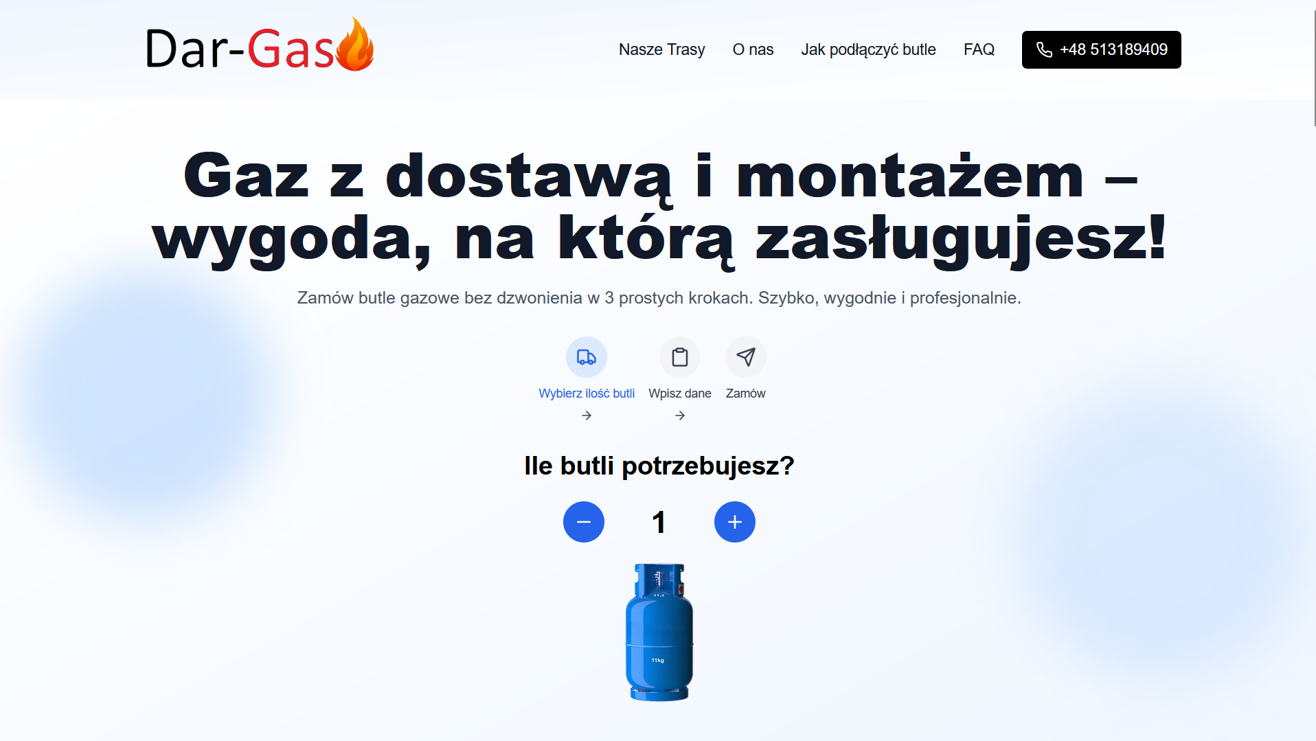 Nowoczesna strona firmowa Dar-Gas z interaktywnym formularzem zamówienia butli gazowych. Minimalistyczny design, czytelna typografia i ikony. Akcent na wygodę i szybki kontakt.