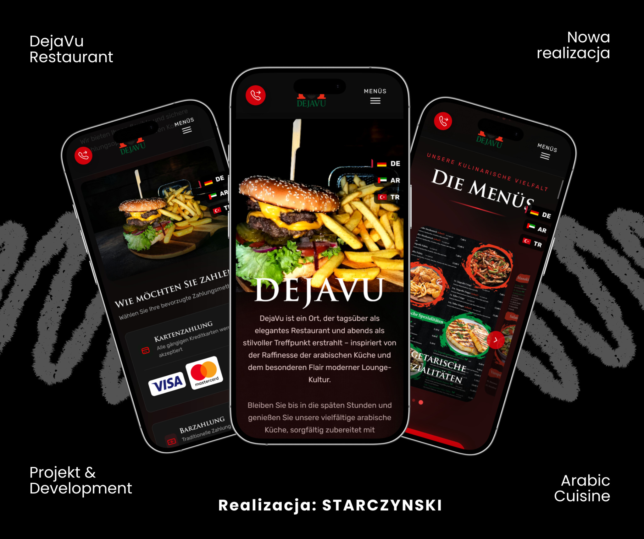 Projekt strony mobilnej restauracji DejaVu: burger, frytki, menu w trzech językach (DE, AR, TR). Nowa realizacja z nowoczesnym designem i arabską kuchnią.