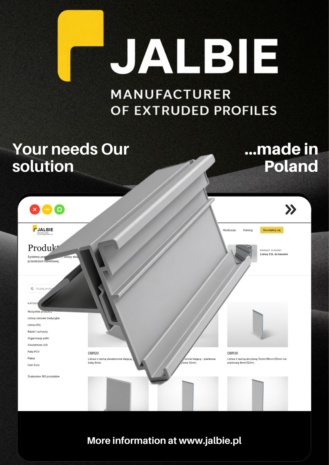 Ekran smartfona prezentujący stronę internetową producenta profili aluminiowych Jalbie, z bliska widoczny profil. Napis: Manufacturer of Extruded Profiles.
