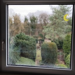 TS Serwis - Okno z pianą czyszczącą, widok na zielony ogród. Na szybie naklejka z księżycem. Ujęcie z bliska, ukazujące etap mycia okna.