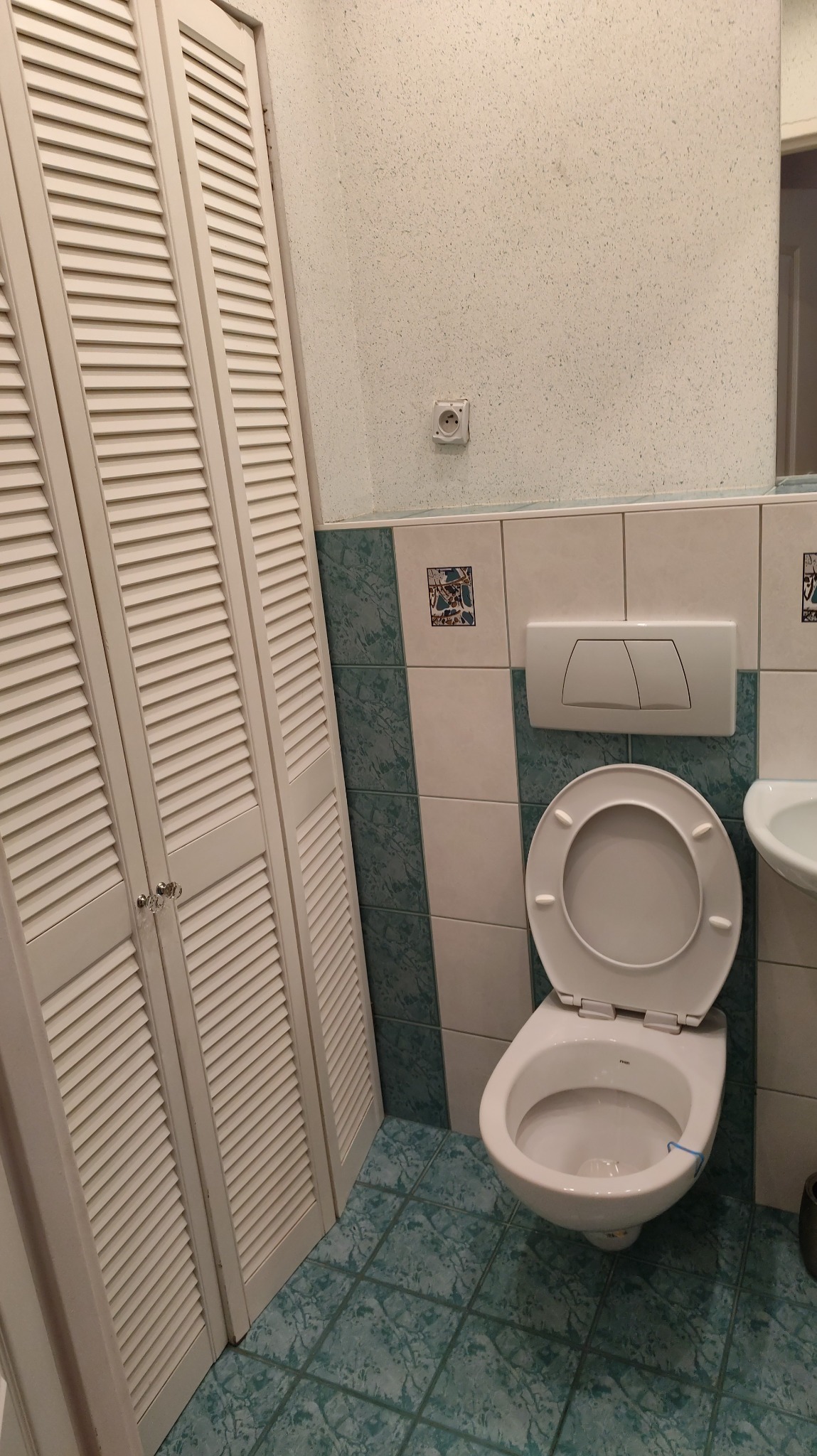 Jasna łazienka z toaletą z otwartą klapą, białe płytki z zielonym wzorem, białe żaluzjowe drzwi szafy i gniazdko elektryczne na ścianie.