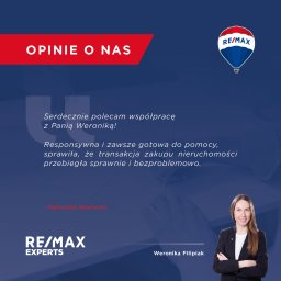 Sport i nieruchomości Weronika Filipiak - Opinia o agencji nieruchomości RE/MAX Experts z portretem Weroniki Filipiak. Tekst rekomendacji na niebieskim tle z logo firmy.