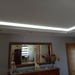 Elektro AL - Oświetlenie LED podsufitowe w salonie, odbijające się w lustrze. Dekoracyjne światło tworzy nowoczesny klimat wnętrza. Widoczny fragment sufitu i ściany.