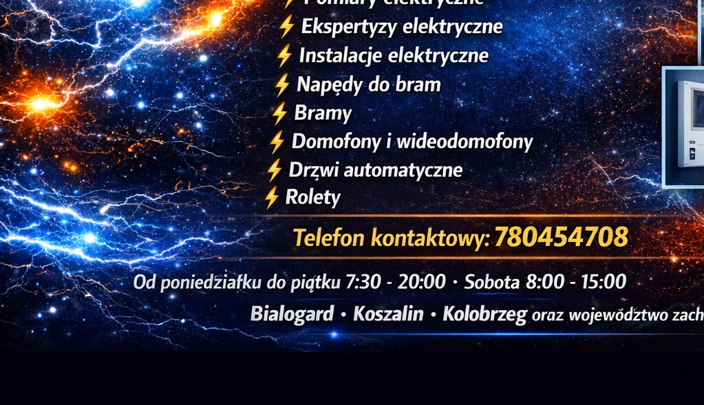 Grafika reklamowa usług elektrycznych i automatyki: instalacje, bramy, domofony, rolety. Kontakt telefoniczny i godziny pracy na tle kosmicznej burzy.